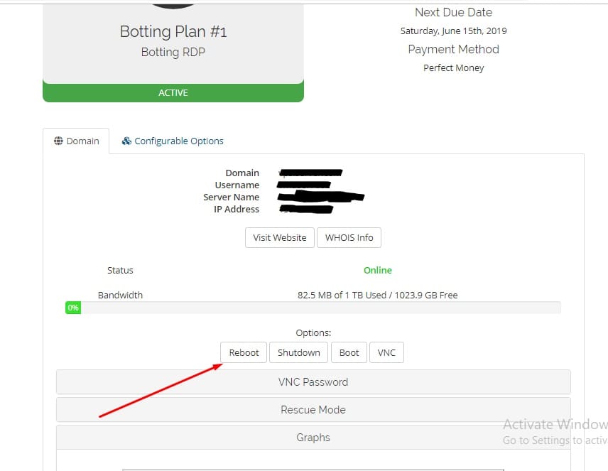 How to reboot private server through VPS panel?