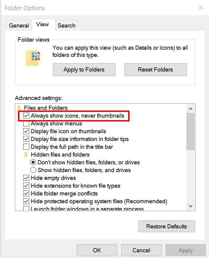 Always show icons, never thumbnails