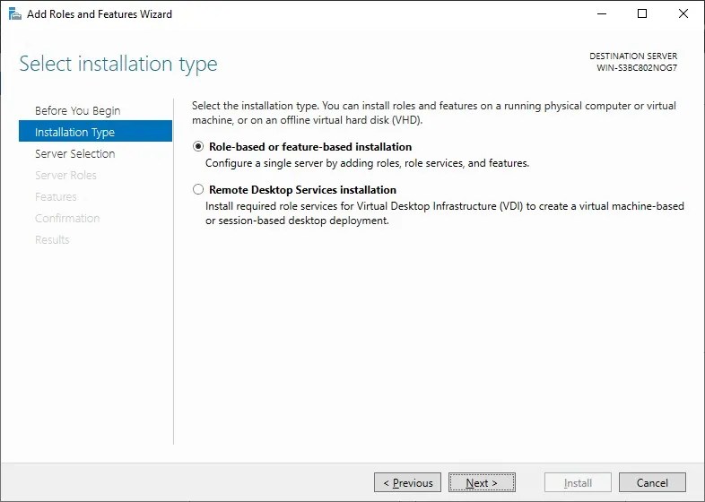 Installation type Windows Server 2019